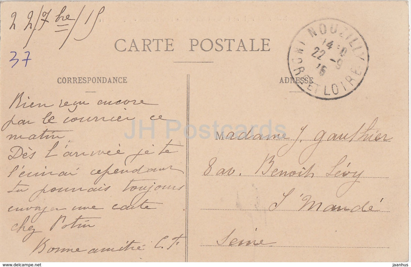 Nouzilly - Château de l'Orfraisiere - château - 11 - carte postale ancienne - 1916 - France - utilisé