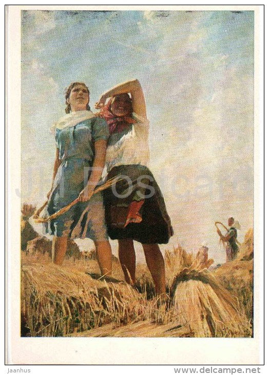 painting by F. Malayev - Planes are flying , 1950 - working women - russian art - unused - JH Postcards