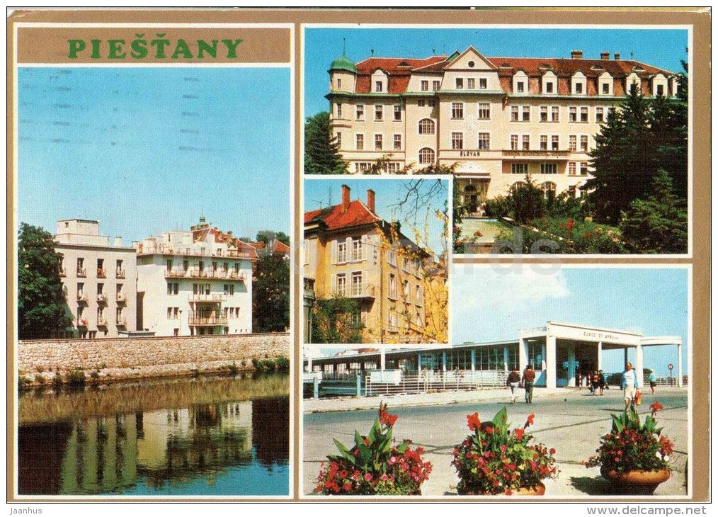 Piestany - spa house Pavia Livia , Slovan , Anna - colonnade bridge - Czechoslovakia - Slovakia - used 1978 - JH Postcards