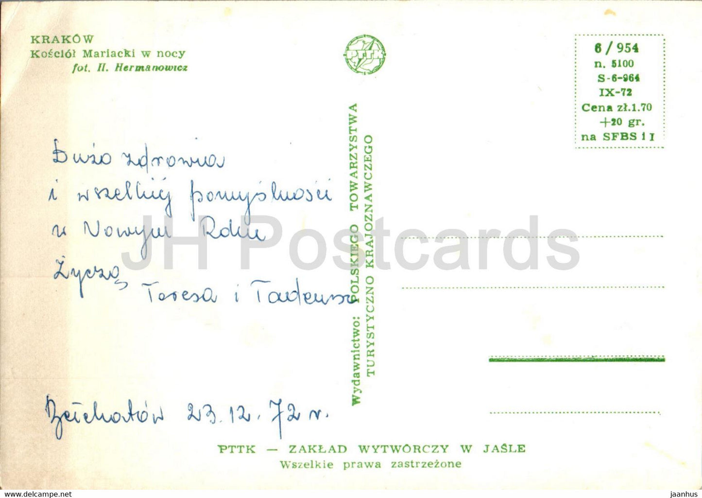 Krakow - Kosciol Mariacki w nocy - Mary's Church at night - 1972 - Poland - used