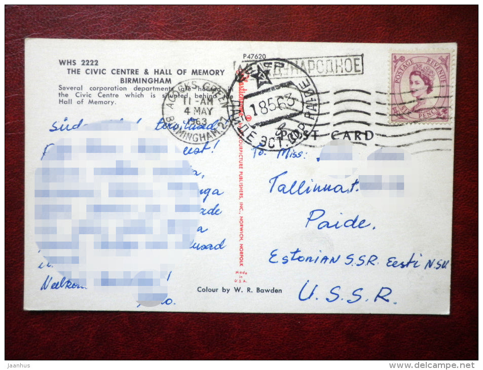 Birmingham - The Civic Centre , Hall of Memory - sent to Estonia, USSR 1963 , stamped - England - United Kingdom - used - JH Postcards