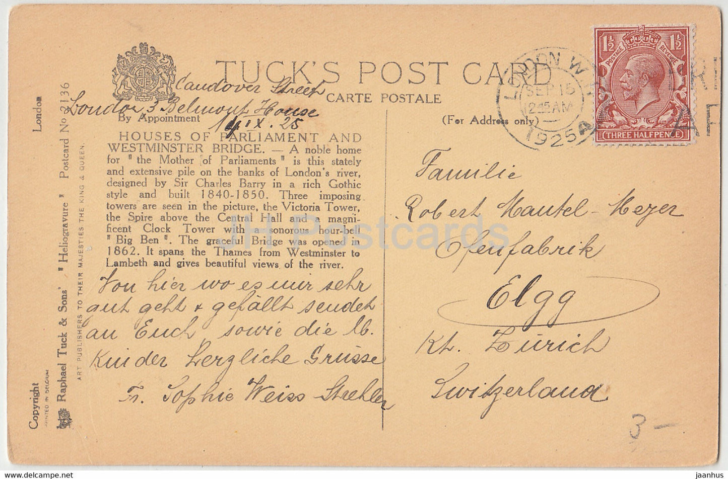 London - Houses of Parliament and Westminster Bridge - tram - Tuck old postcard - 1925 - England - United Kingdom - used