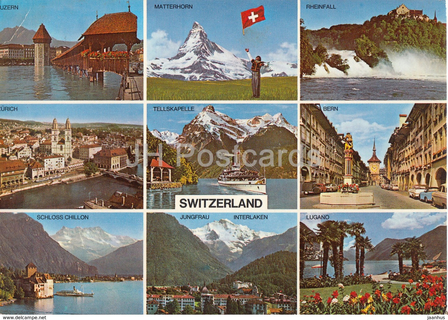Luzern - Matterhorn - Rheinfall - Zurich - Tellskapelle - Bern - Lugano - multiview - 1976 - Switzerland - used - JH Postcards