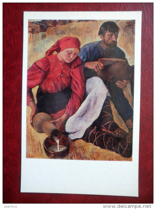 painting by Z. Serebriakova , Peasants , 1914 - bread - milk - russian art  - unused - JH Postcards