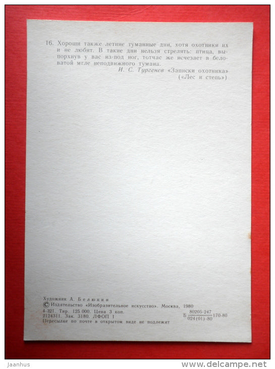 by A. Belyukin - Forest and Steppe - crane - birds - Notes of a Hunter by I. Turgenev - 1980 - Russia - unused - JH Postcards