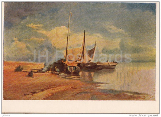 painting by F. Vasilyev - Barges on the Volga , 1879 - sailing boat - Russian art - 1956 - Russia USSR - unused - JH Postcards