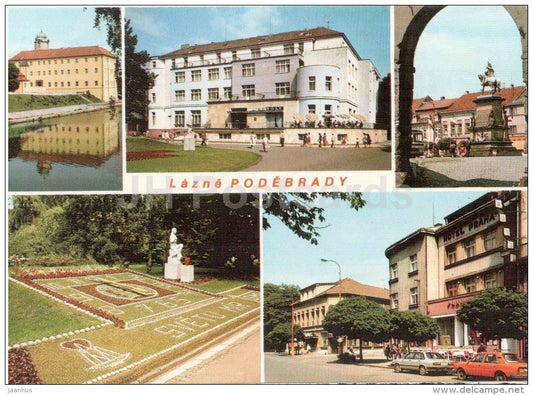 Lazne Podebrady - castle - Statue of King George - flower clock - hotel Praha , Hubert - Czechoslovakia - Czech - unused - JH Postcards