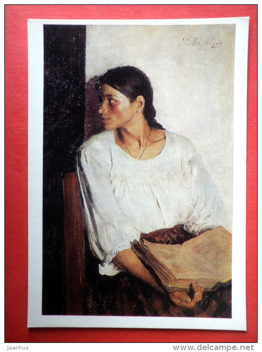 painting by Filipp Malyavin - With Book , 1895 - russian art - unused - JH Postcards