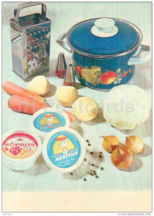 Fresh cabbage soup with melted cheese - carrot - onion - cooking recepies - 1983 - Estonia USSR - unused - JH Postcards