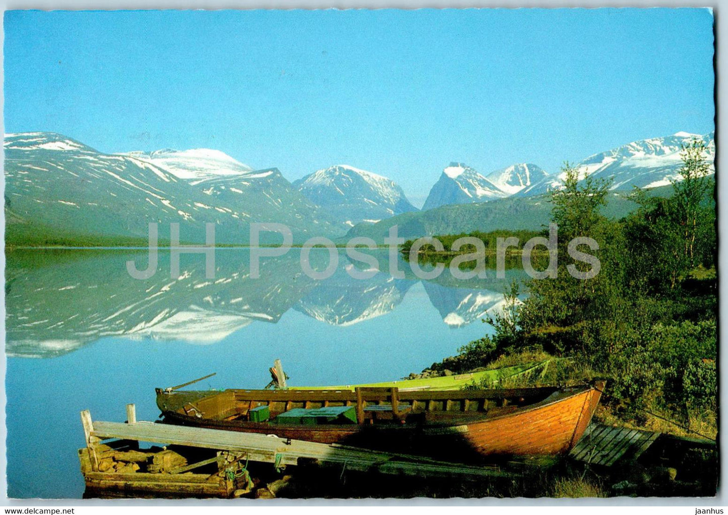 Kebnekaisemassivet fran Ladtjojaure - boat - 1991 - Sweden - used - JH Postcards