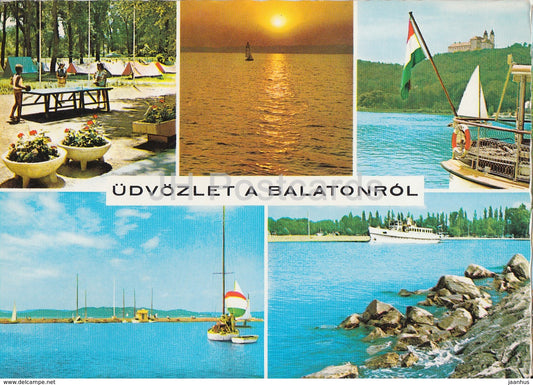 Greetings from the lake Balaton - sailing boat - table tennis - multiview - 1977 - Hungary - used - JH Postcards