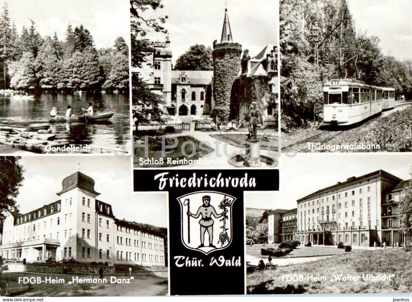 Friedrichroda Thur Wald - Gondelteich - Thuringerwaldbahn - Schloss - tram - old postcard - 1977 - Germany DDR - used - JH Postcards
