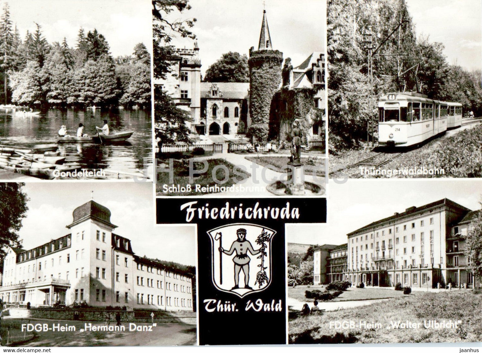 Friedrichroda Thur Wald - Gondelteich - Thuringerwaldbahn - Schloss - tram - old postcard - 1977 - Germany DDR - used - JH Postcards
