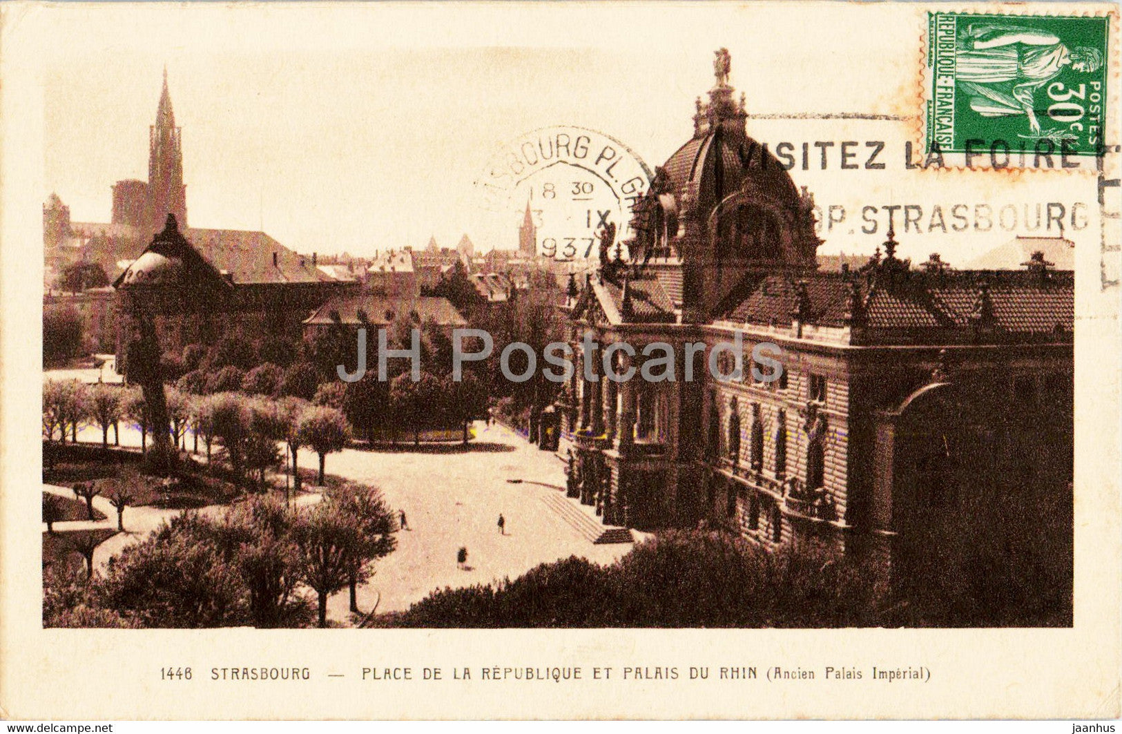 Strassburg i E - Strasbourg - Place de la Republique et Palais du Rhin - 1446 - old postcard - 1937 - France - used - JH Postcards
