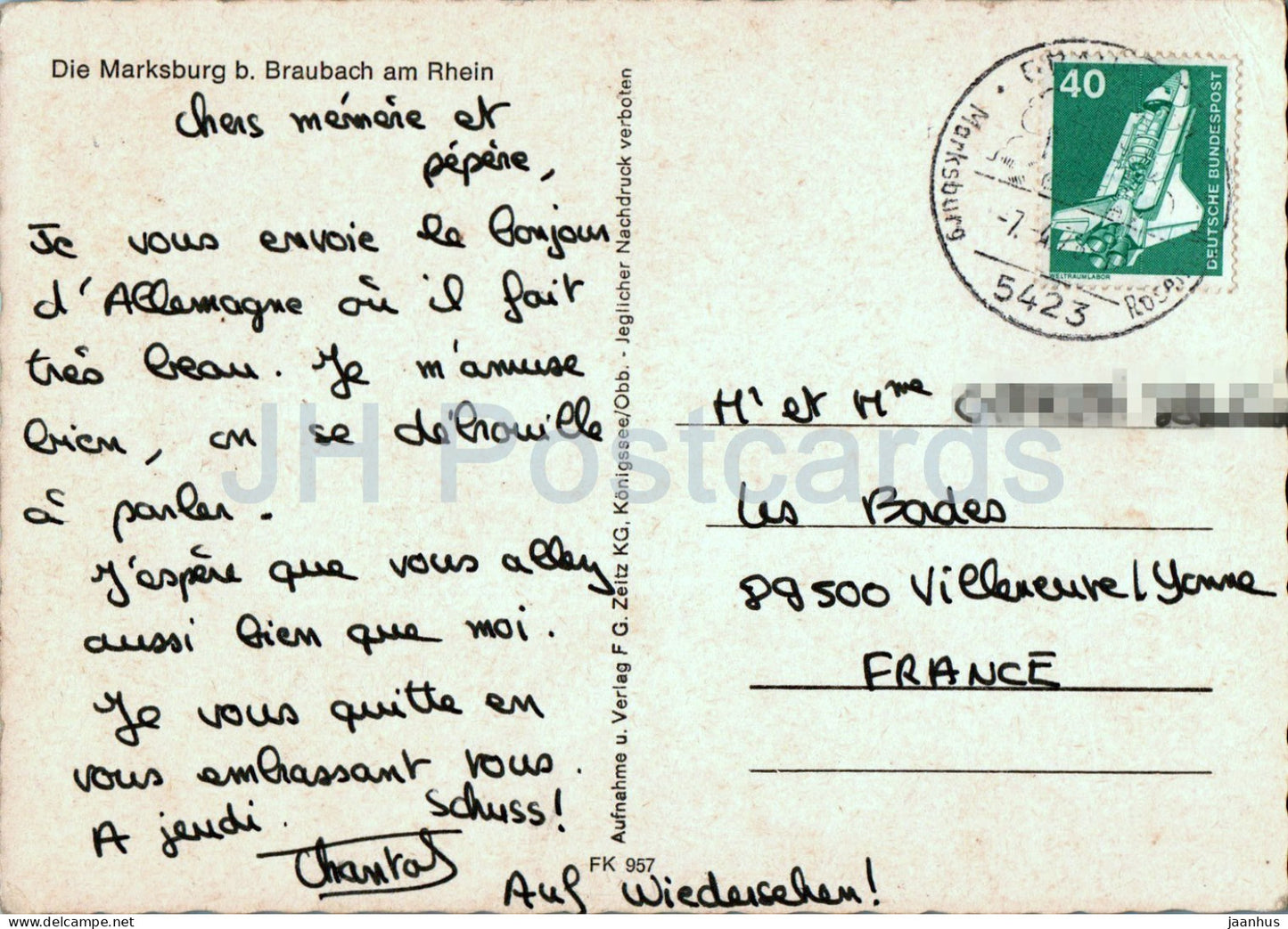 Die Marksburg b Braubach am Rhein - Passagierschiff - FK 957 - Deutschland - gebraucht 
