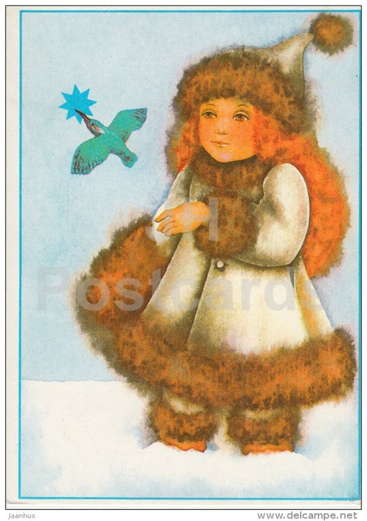 New Year Greeting card by V. Noor - girl - kingfisher - bird - 1988 - Estonia USSR - used - JH Postcards