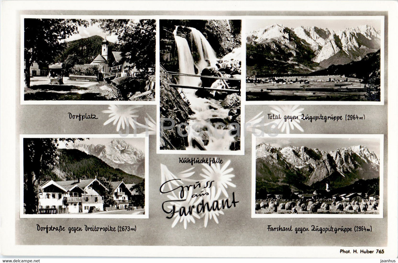 Gruss aus Farchant - Dorfplatz - Dreitorspitze - Zugspitzgruppe - old postcard - Germany - unused - JH Postcards