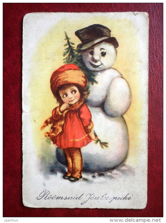Christmas Greeting Card - snowman - little girl - WSSB 2051 - circulated in 1930 - Estonia - used - JH Postcards