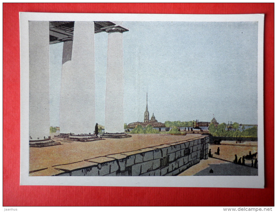 painting by Anna Ostroumova-Lebedeva - Columns of Exchange and Fortress , 1908 St. Petersburg - russian art - unused - JH Postcards