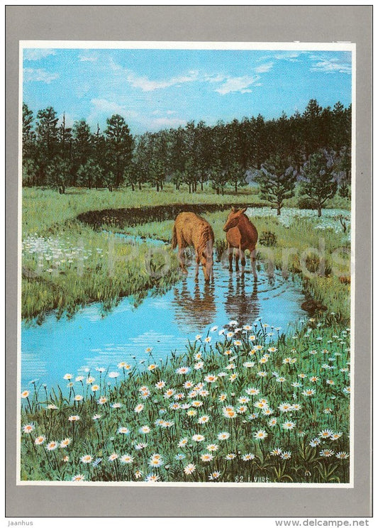 painting by I. Viirsaar - May we drink here? , 1982 - horses - Estonian art - 1992 - Estonia - unused - JH Postcards