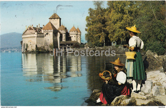 Chateau de Chillon pres Montreux et dames en costumes vaudoises - Swiss folk costumes - 1972 - Switzerland - used - JH Postcards