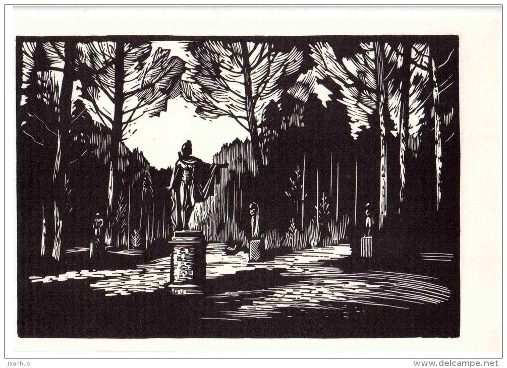 engraving by. A. Ushin - Apollo Statue , 12 roads - Pavlovsk Park - 1969 - Russia USSR - unused - JH Postcards