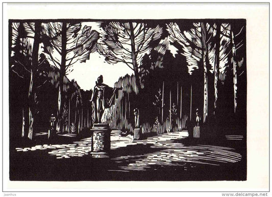 engraving by. A. Ushin - Apollo Statue , 12 roads - Pavlovsk Park - 1969 - Russia USSR - unused - JH Postcards
