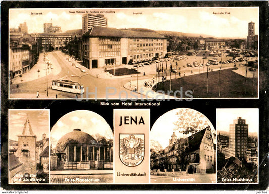 Jena - Blick vom Hotel International - Zeiss Planetariom - Universitat - tram - old postcard - 1966 - Germany DDR - used - JH Postcards