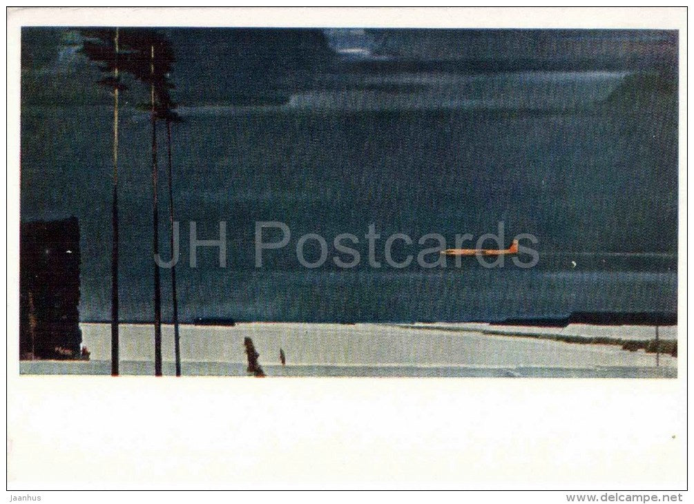 painting by G. Nissky - High over the Snow-covered Fields - airplane - russian art - unused - JH Postcards