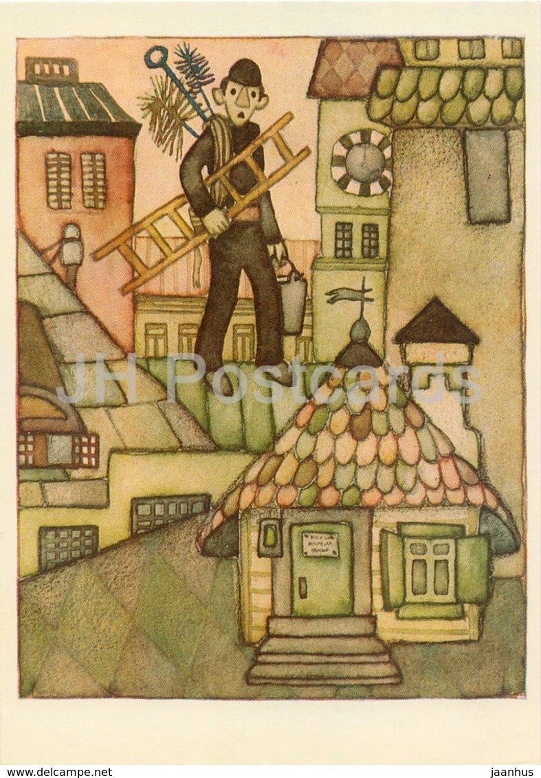 Karlsson-on-the-Roof by Astrid Lindgren - chimney sweeper - illustration by N. Poplavskaya - 1976 - Russia USSR - unused - JH Postcards