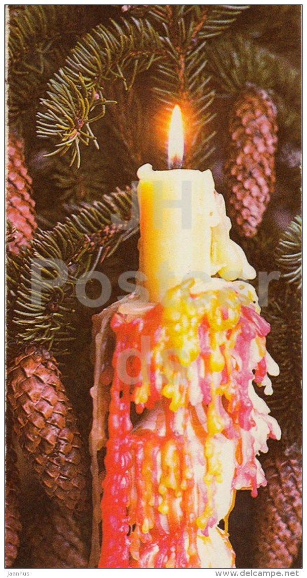 New Year Greeting card - 1 - candle - fir cones - 1985 - Estonia USSR - used - JH Postcards