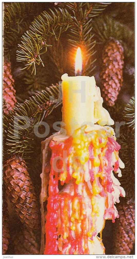 New Year Greeting card - 1 - candle - fir cones - 1985 - Estonia USSR - used - JH Postcards