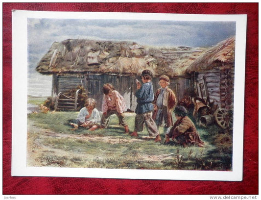 painting by W.E. Makovsky - Children playing Knuckles, 1870 - art - unused - JH Postcards