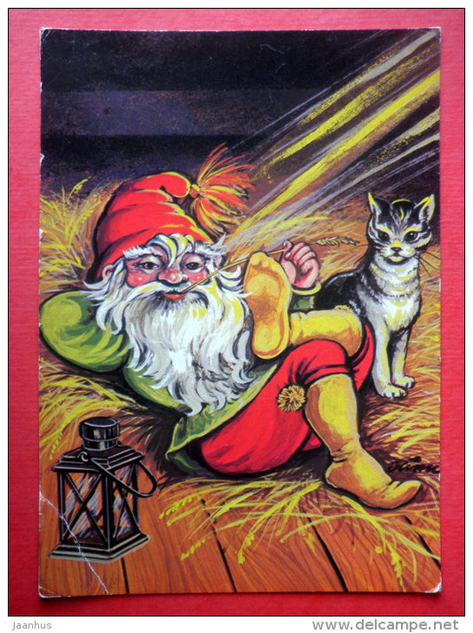 Christmas Greeting Card - dwarf - cat - TPK 504 - Finland - circulated in Finland - JH Postcards