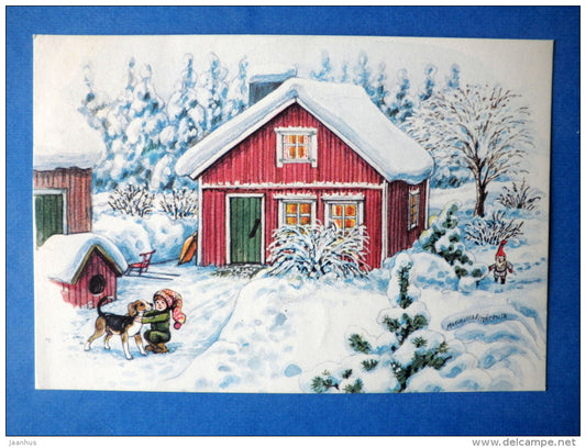 christmas greeting card - illustration - boy and dog  - sent from Finland to Estonia USSR, 1982 - 1981 - Finland - used - JH Postcards