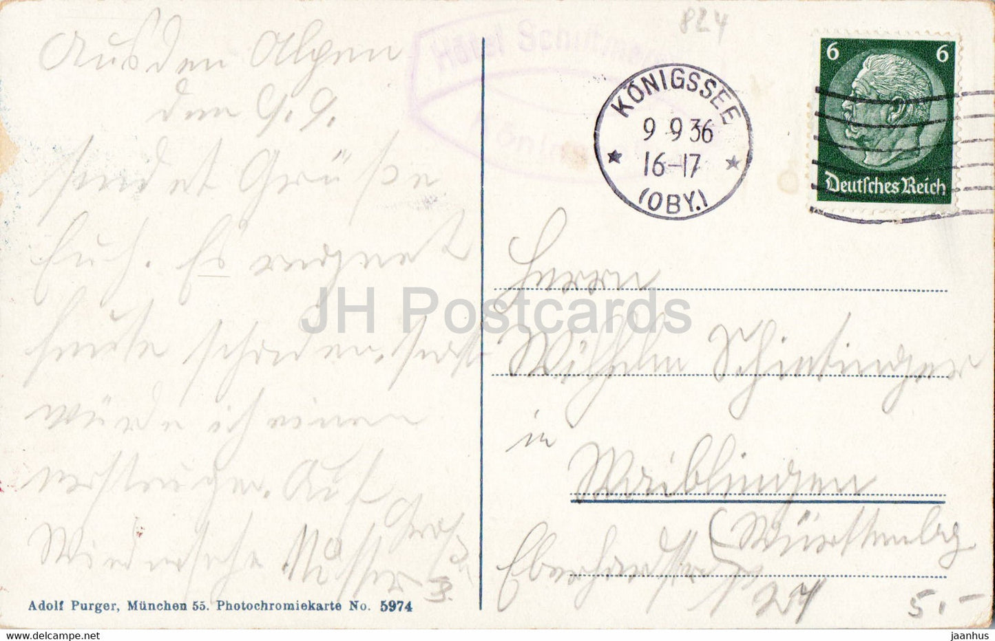 Konigssee vom Malerwinkel - boat - 5974 - old postcard - 1936 - Germany - used