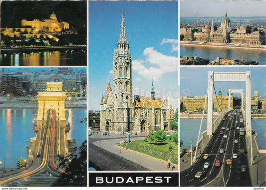 Budapest - bridge - architecture - cathedral - parliament - castle hill - multiview - 1978 - Hungary - used - JH Postcards