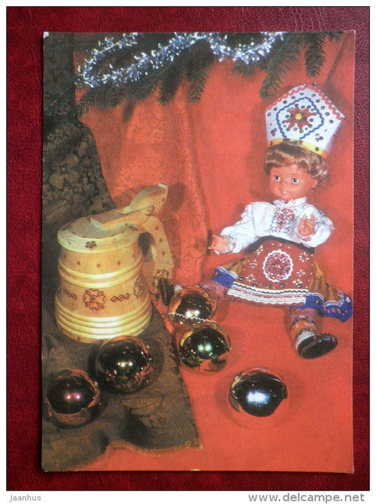 New Year Greeting card - decorations - beer mug - doll in folk costumes - 1976 - Estonia USSR - used - JH Postcards