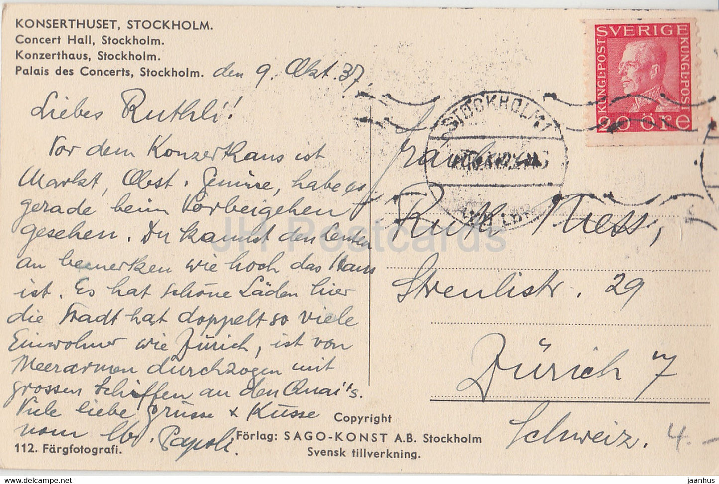 Stockholm - Konserthuset - Konzerthalle - alte Postkarte - 1937 - Schweden - gebraucht