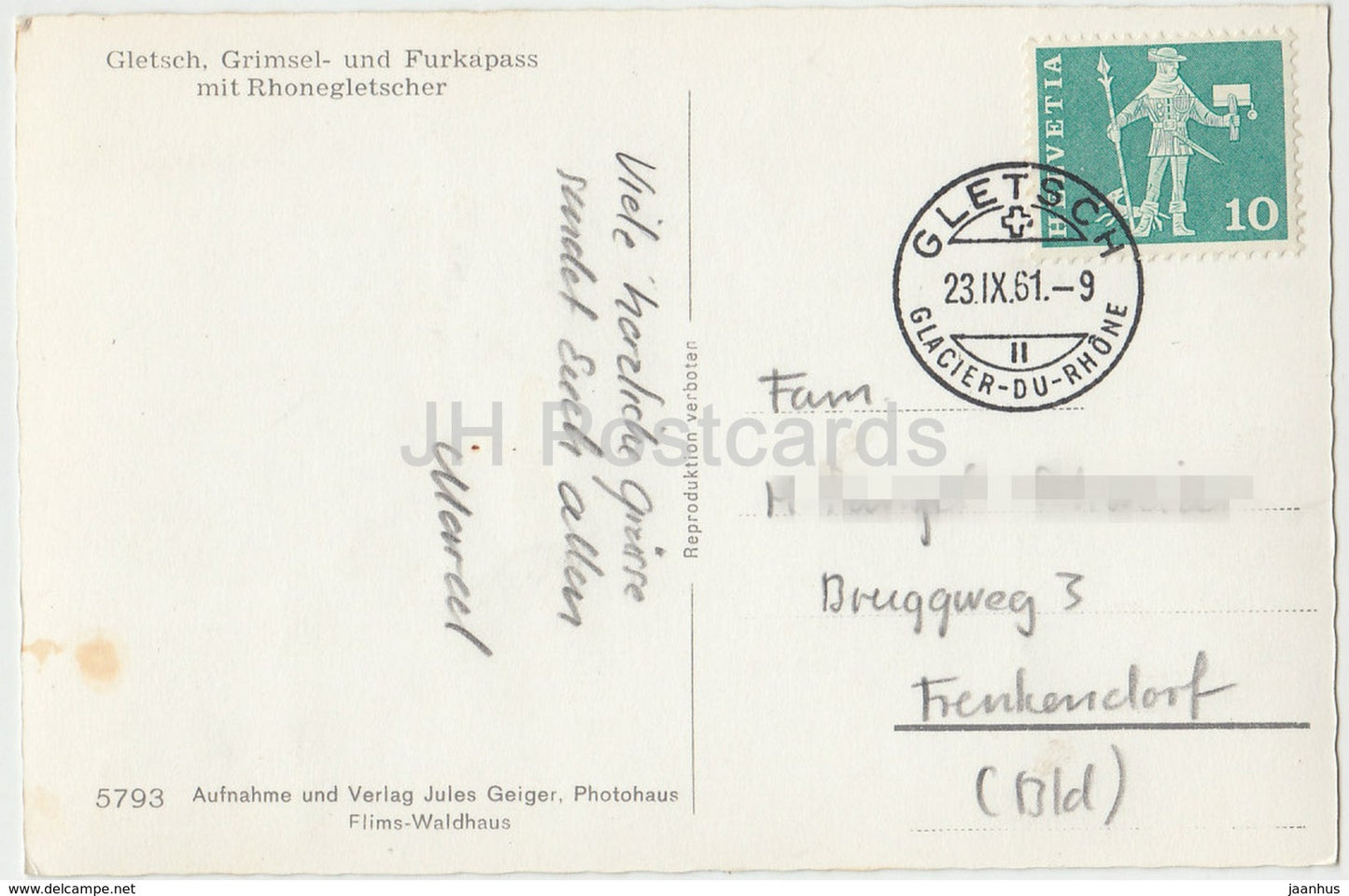 Gletsch. Grimsel- und Furkapass mit Rhonegletscher - 5793 - Switzerland - 1961 - used