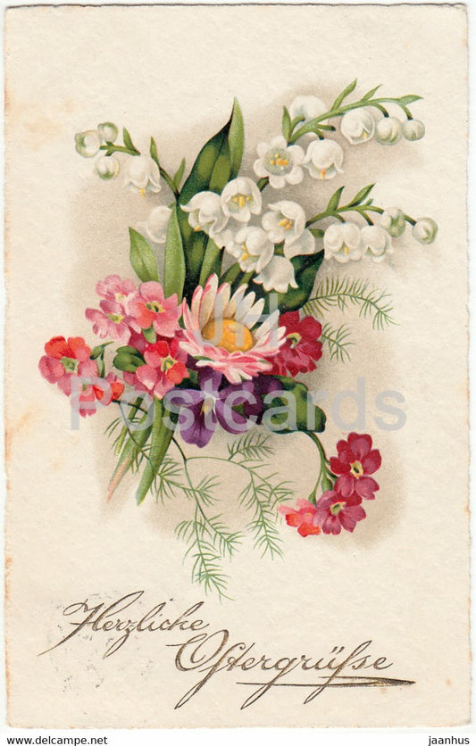 Easter Greeting Card - Herzliche Ostergrusse - flowers - lily of the valley - BR 8210 old postcard  1929  Germany - used - JH Postcards