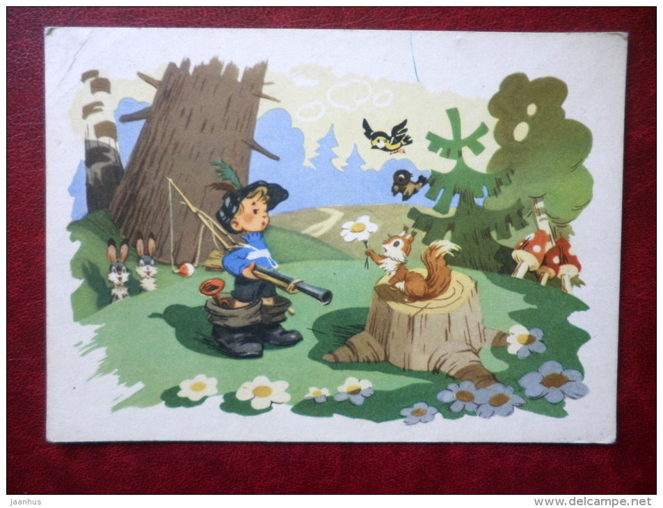 Petya Petushok - by I. Znamesky - squirrel - mushrooms - hare - gun - russian cartoon - 1962 - Russia USSR - used - JH Postcards