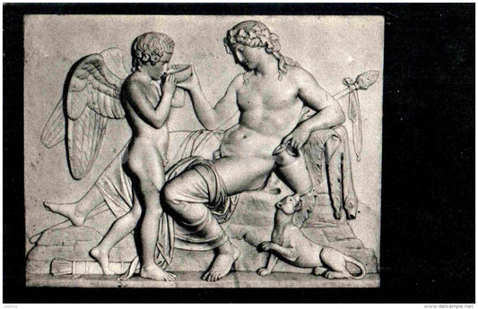 sculpture by Bertel Thorvaldsen - Cupid (Amor) at Dionysos - danish art - unused - JH Postcards
