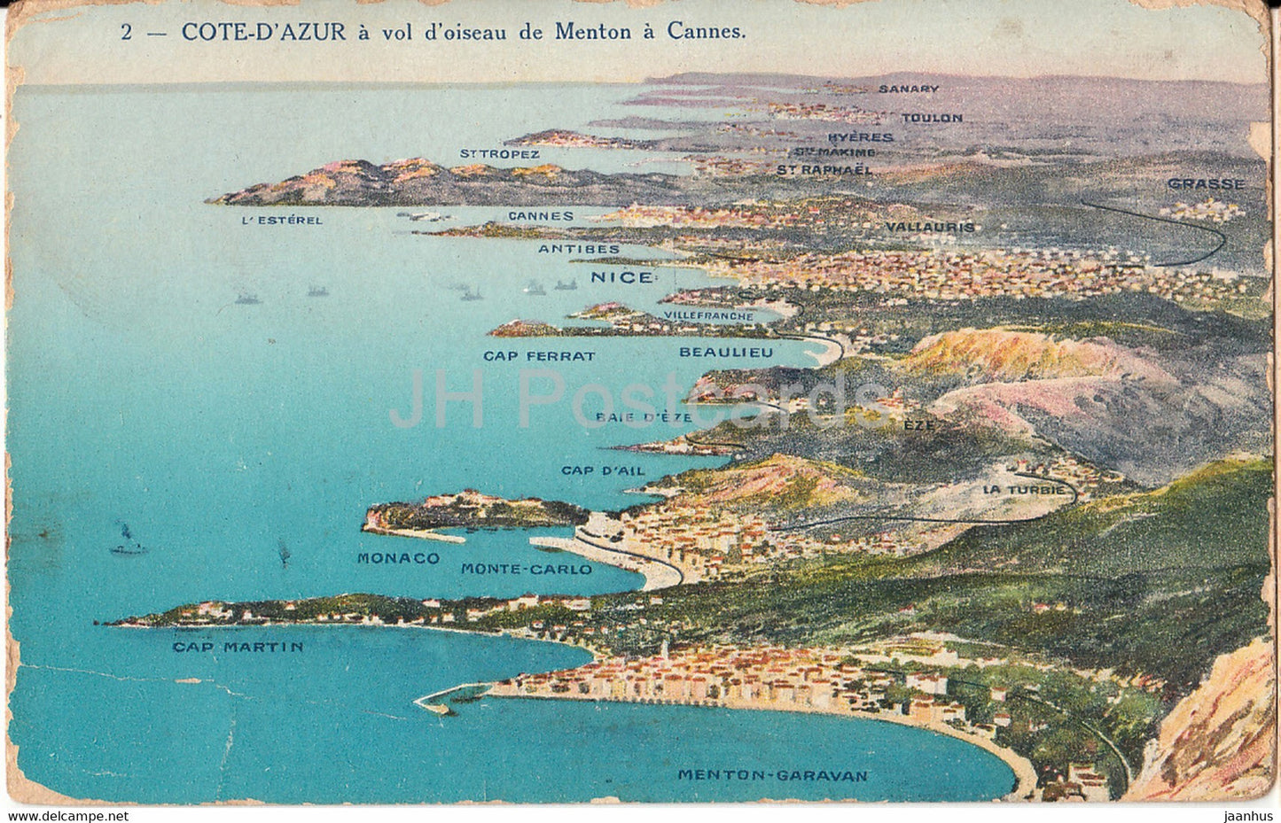 Cote d'Azur - a vol d'oiseau de Menton a Cannes - 2 - old postcard - France - unused - JH Postcards