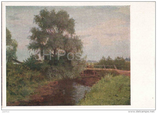 painting by F. Nevezhin - The Evening - wooden bridge - russian art - unused - JH Postcards