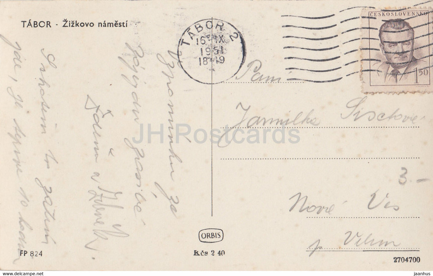 Tabor - Zizkovo namesti - Quadrat - alte Postkarte - 1951 - Tschechoslowakei - Tschechische Republik - gebraucht