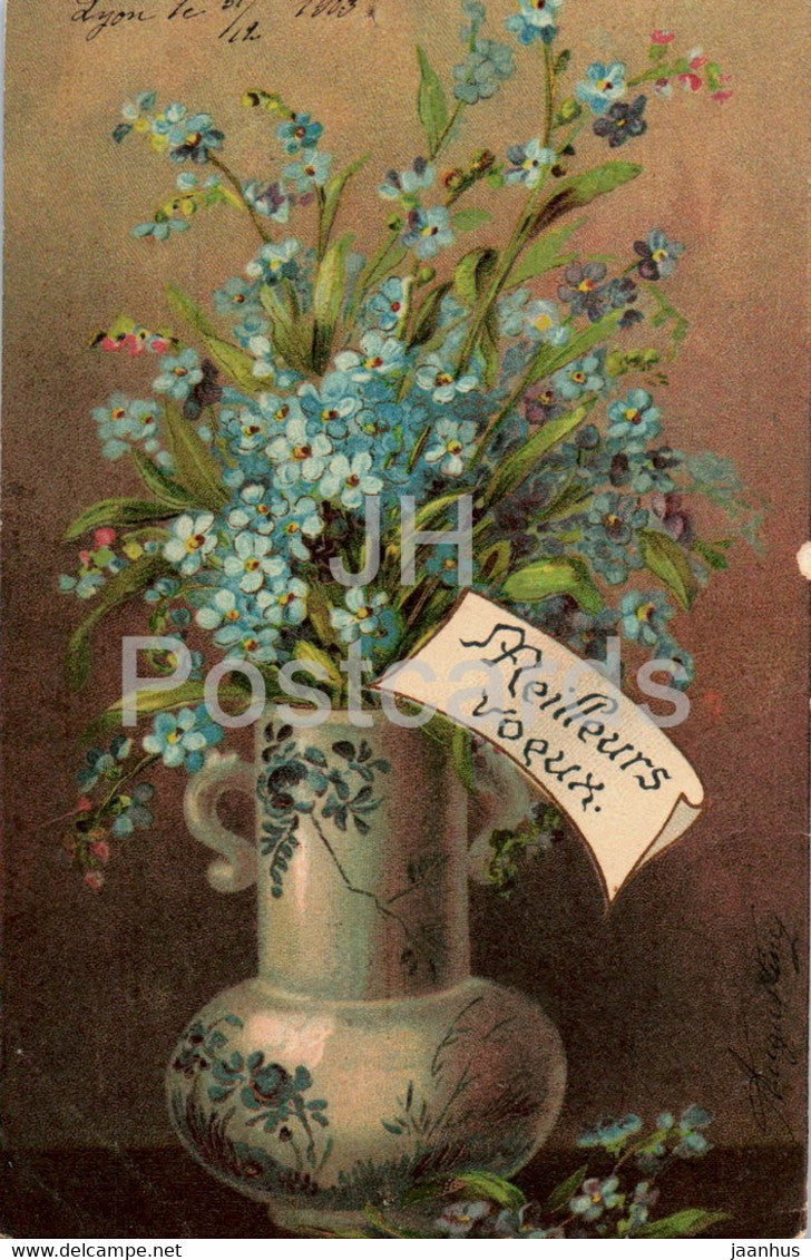Birthday Greeting Card - Meilleurs voeux - illustration - blue flowers - Serie 497 - old postcard - 1905 - France - used - JH Postcards
