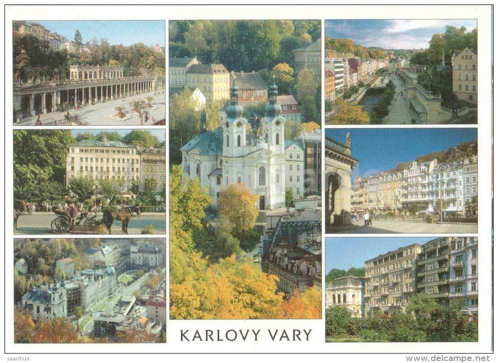 Mill colonnade - M. Magdalena church - streets - Central - Astoria - Tosca - Karlovy Vary - Karlsbad - Czech - used 2004 - JH Postcards