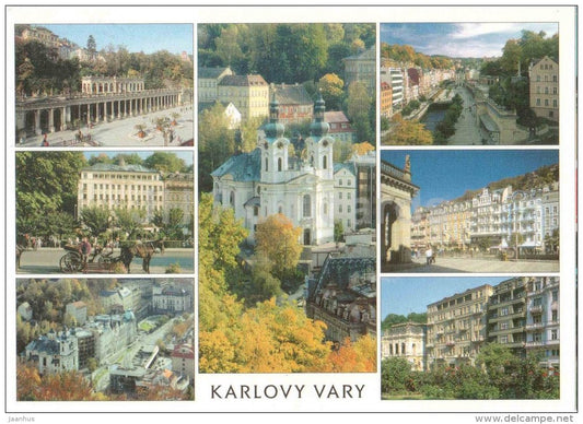 Mill colonnade - M. Magdalena church - streets - Central - Astoria - Tosca - Karlovy Vary - Karlsbad - Czech - used 2004 - JH Postcards