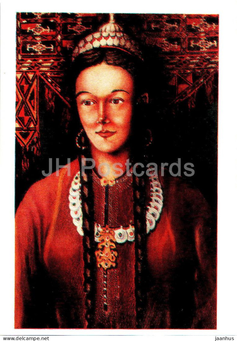 painting by B. Nurali  - Portrait of Halidzhi - woman - folk costumes - Turkmenian art - 1975 - Russia USSR - unused - JH Postcards